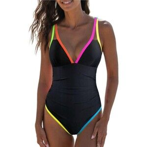 Popvil Women's Black Neon Colorblock One Piece Swimsuit Cross Back, Size M